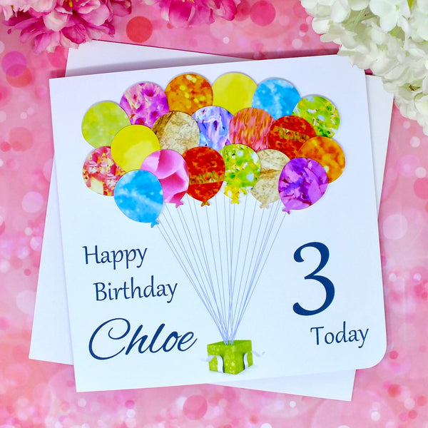 3rd Birthday Card - Balloons, Personalised Front