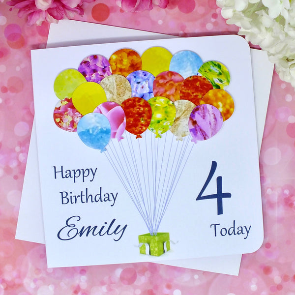4th Birthday Card - Balloons, Personalised