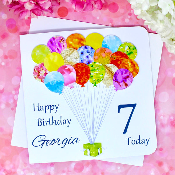 7th Birthday Card - Balloons, Personalised Front