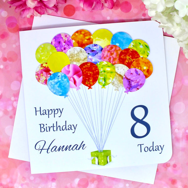 8th Birthday Card - Balloons, Personalised Front