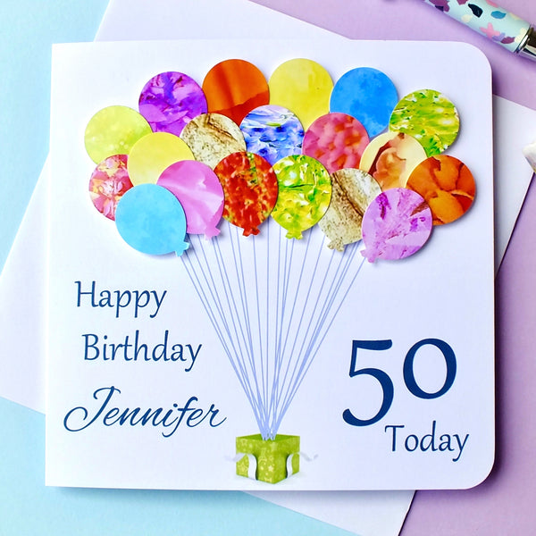 50th Birthday Card - Balloons, Personalised Front