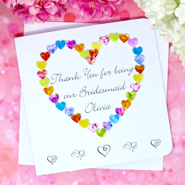 Thank You Bridesmaid Card - Hearts, Personalised Front