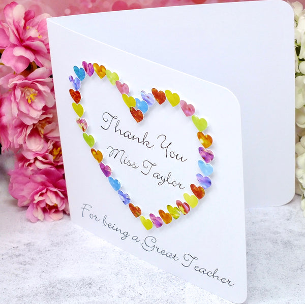 Thank You Teacher Card - Hearts, Personalised Side