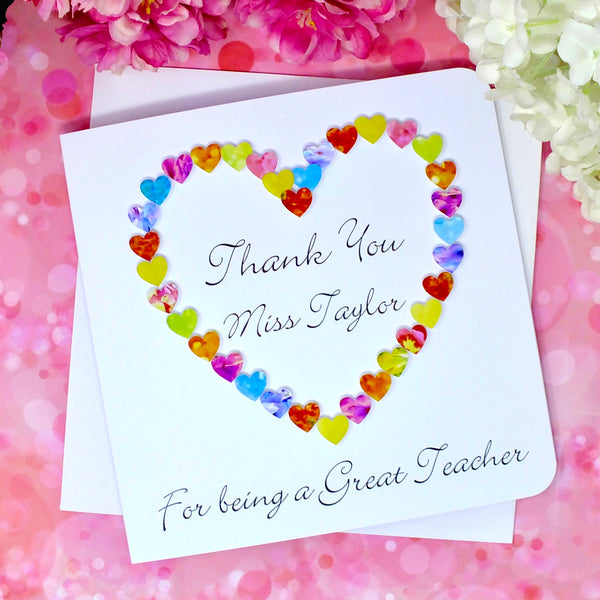 Thank You Teacher Card - Hearts, Personalised Front