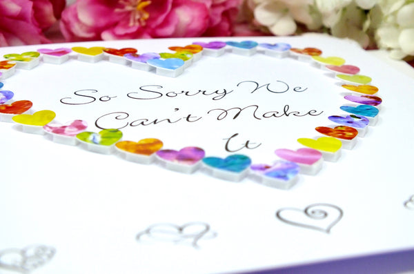So Sorry We Can't Make It - Wedding Decline RSVP Card - Hearts Close Up