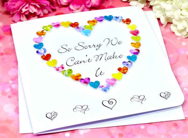 So Sorry We Can't Make It - Wedding Decline RSVP Card - Hearts Front