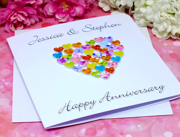 Happy Wedding Anniversary Card - Hearts, Personalised + Envelope