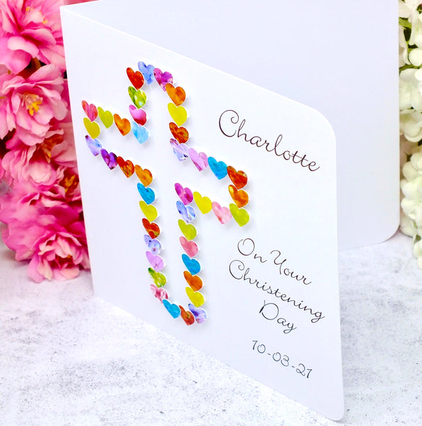 Christening Day Card - Hearts, Personalised Side