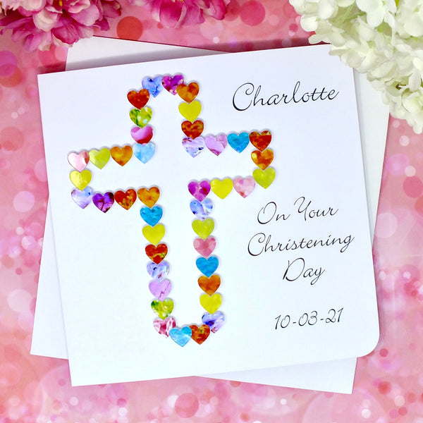 Christening Day Card - Hearts, Personalised Front
