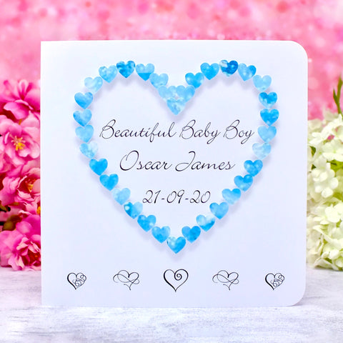New Baby Boy Card - Hearts, Personalised Main