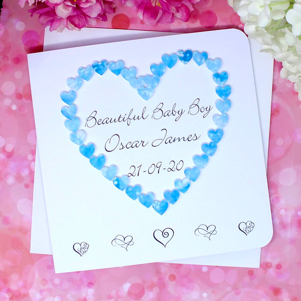 New Baby Boy Card - Hearts, Personalised Front