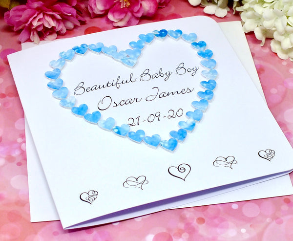New Baby Boy Card - Hearts, Personalised Alternate