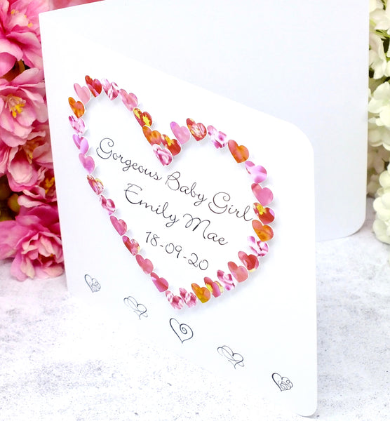 New Baby Girl Card - Hearts, Personalised Side