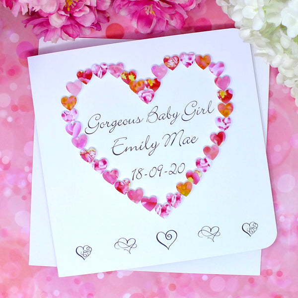 New Baby Girl Card - Hearts, Personalised Front