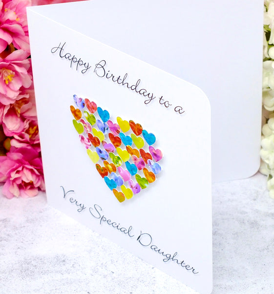 Birthday Card for Daughter - Multi Coloured Hearts Side