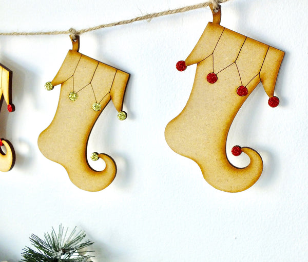 Wooden Elf Stocking Bunting - Hanging Christmas Garland Decoration close 2