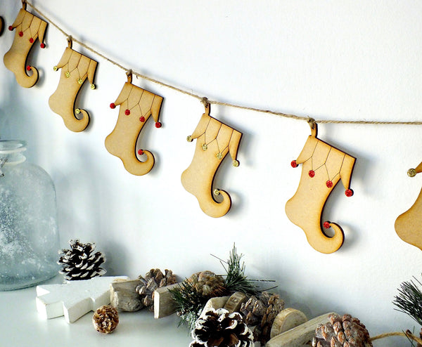 Wooden Elf Stocking Bunting - Hanging Christmas Garland Decoration Front