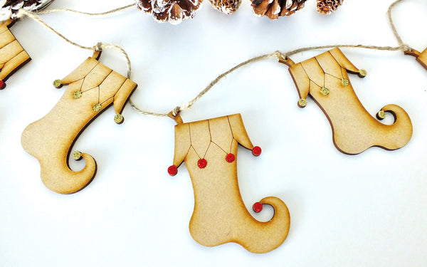 Wooden Elf Stocking Bunting - Hanging Christmas Garland Decoration Close 1