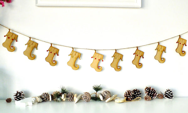 Wooden Elf Stocking Bunting - Hanging Christmas Garland Decoration Alternate