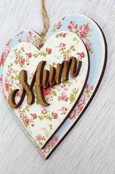 Mum - Wooden Hanging Heart Ornament, Floral Home Decor Gift Side