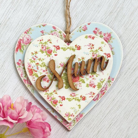 Mum - Wooden Hanging Heart Ornament, Floral Home Decor Gift Main