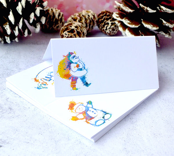 Colourful Christmas Place Cards, Santa, Snowman & Tree - Pack of 12