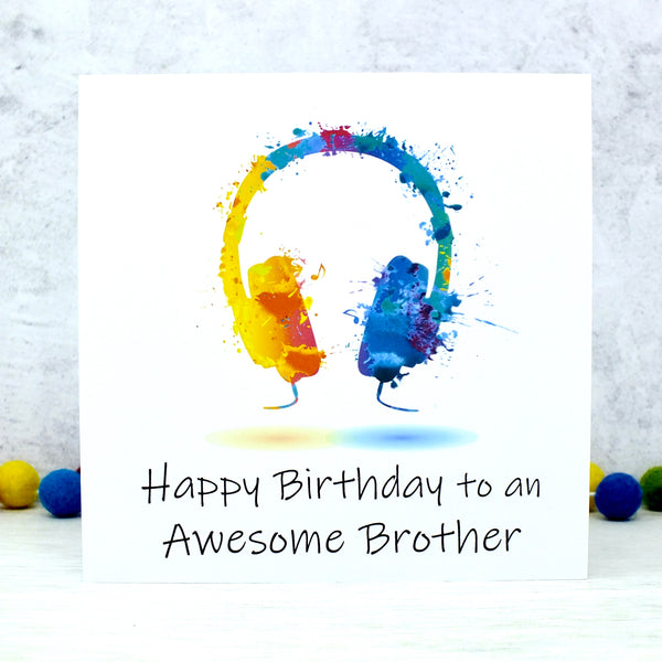 Awesome Brother Birthday Card - Colourful Headphones