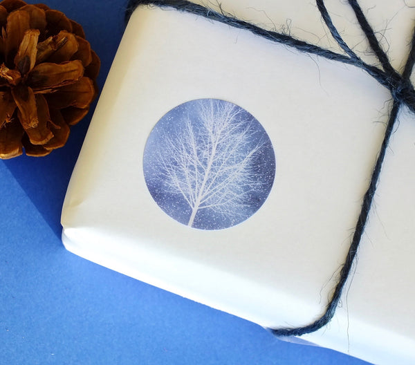 Recyclable &amp; Biodegradable Christmas Stickers for Gift Wrapping, Blue &amp; White Winter Trees - Set of 105 Close Up B