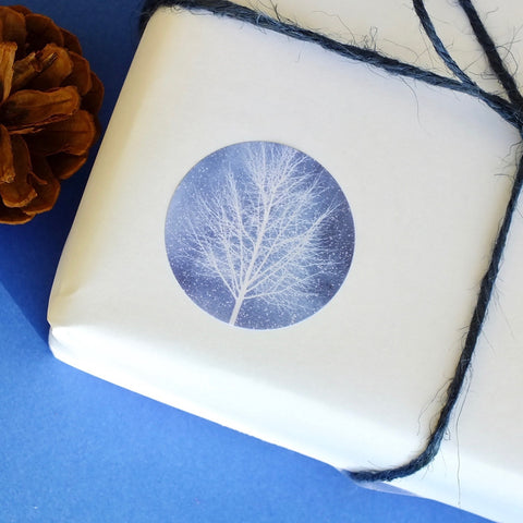 Recyclable &amp; Biodegradable Christmas Stickers for Gift Wrapping, Blue &amp; White Winter Trees - Set of 105 main
