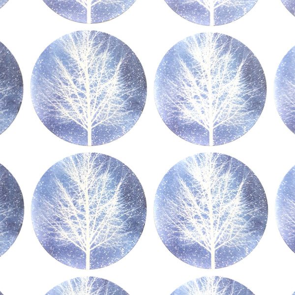 Recyclable &amp; Biodegradable Christmas Stickers for Gift Wrapping, Blue &amp; White Winter Trees - Set of 105 Front