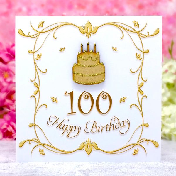 Unique 100th Birthday Card with Wooden Cake - Handmade and Sparkling Gold Details | Bright Heart Design