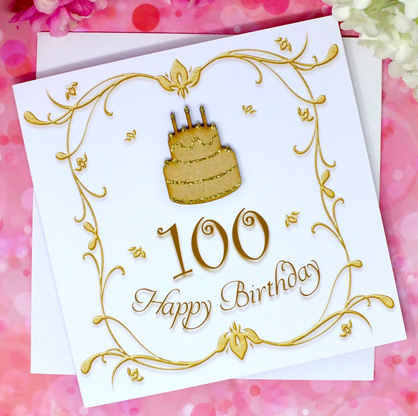 Unique 100th Birthday Card with Wooden Cake - Handmade and Sparkling Gold Details | Bright Heart Design