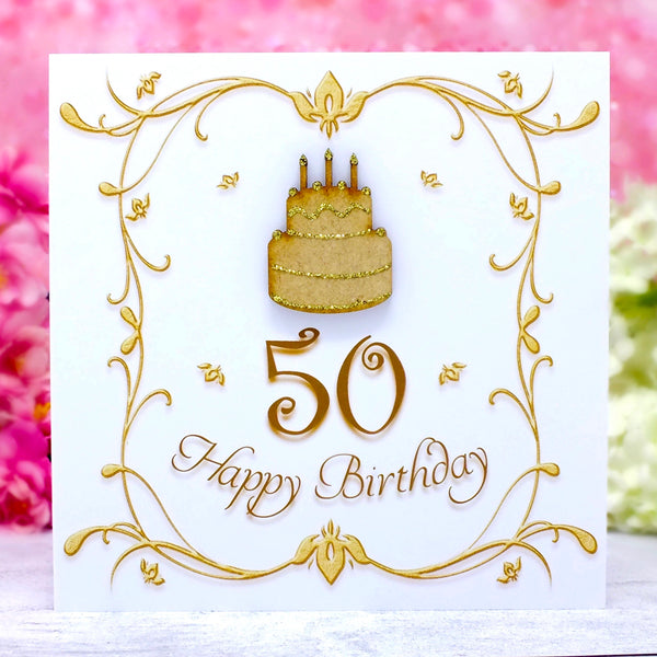 50th Birthday Card - Wooden Birthday Cake Main