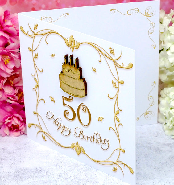 50th Birthday Card - Wooden Birthday Cake Side