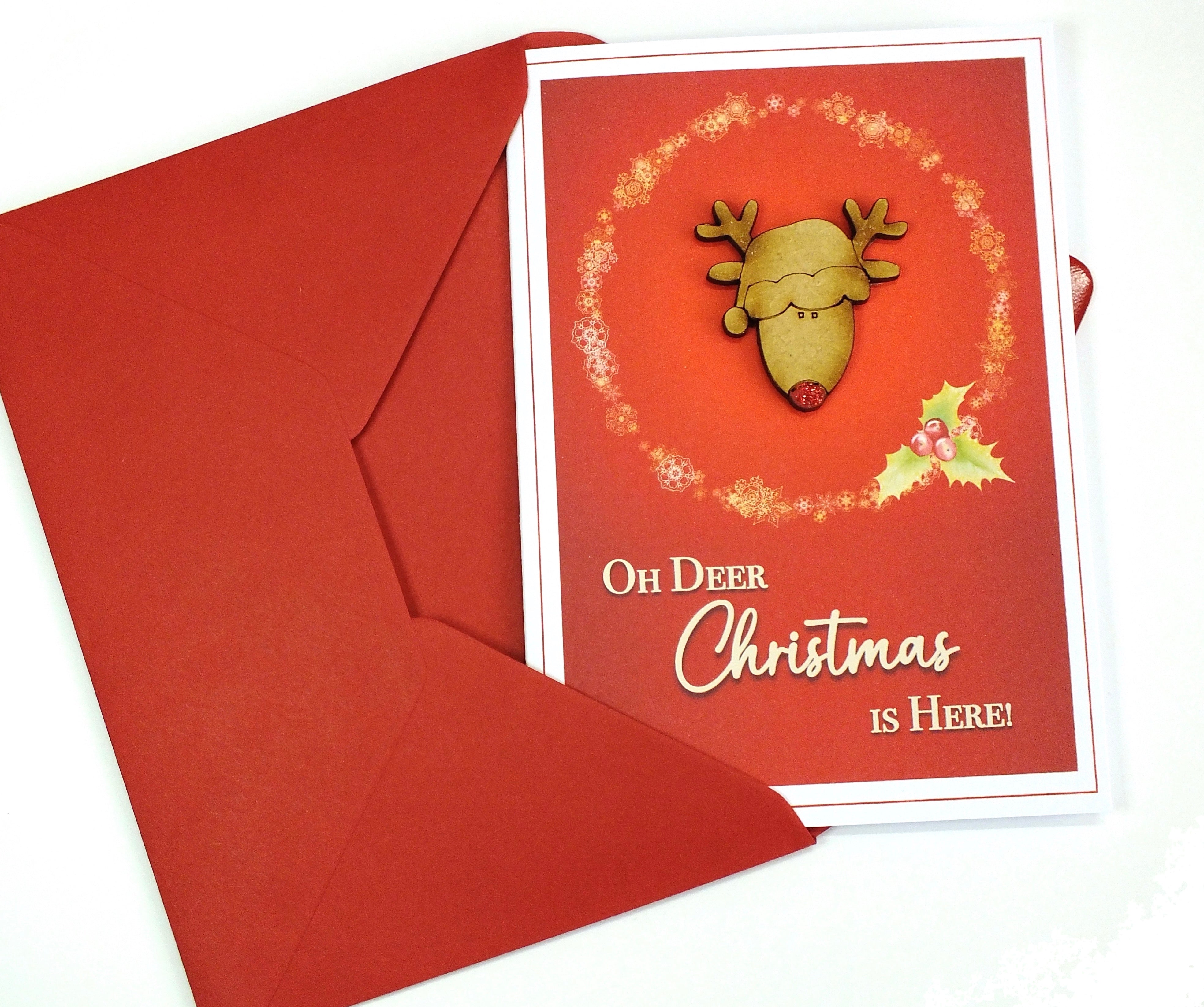 "Cute Rudi" - Rustic Handmade Reindeer Christmas Card - Single or Packs of 6 or 12