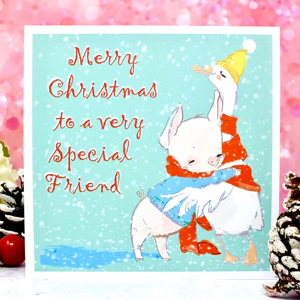 Special Friend or Friends Christmas Card - Cute Duck &amp; Pig Main