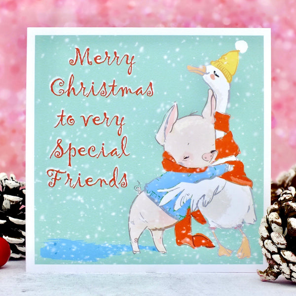 Special Friend or Friends Christmas Card - Cute Duck &amp; Pig Front