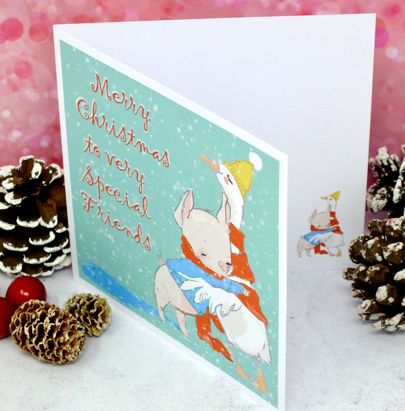 Special Friend or Friends Christmas Card - Cute Duck &amp; Pig Side