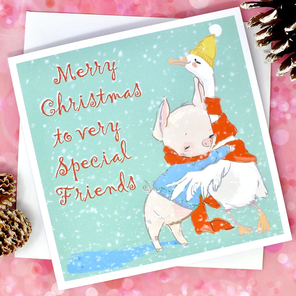 Special Friend or Friends Christmas Card - Cute Duck &amp; Pig Front