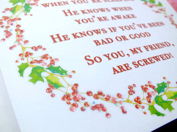 Pack of 4 Funny Christmas Cards - 'He Sees You'