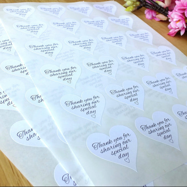Thank You for Sharing our Special Day Stickers x 72 - White &amp; Grey Love Heart Sheets