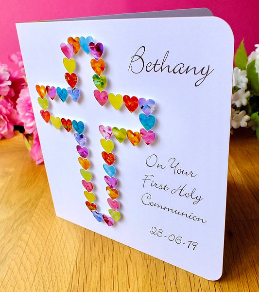 First Holy Communion Card - Hearts, Personalised Side