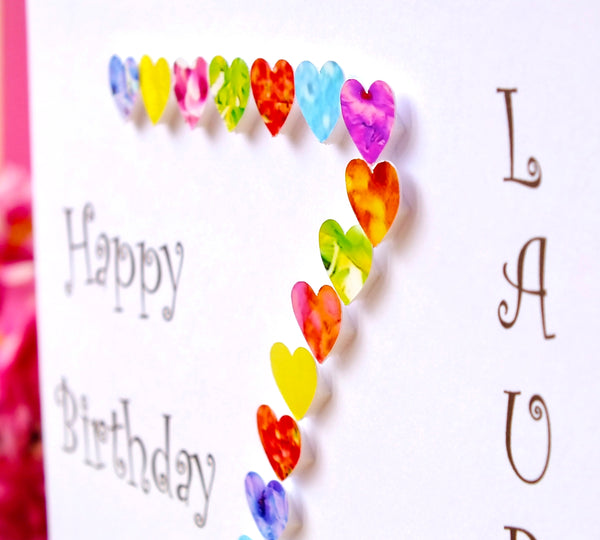7th Birthday Card - Hearts, Personalised Close Up