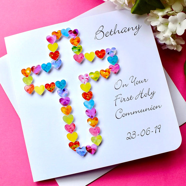 First Holy Communion Card - Hearts, Personalised Front