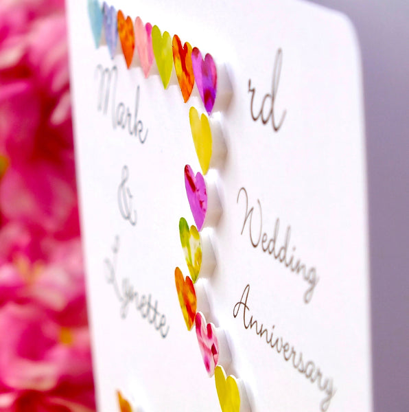 3rd Wedding Anniversary Card - Hearts, Personalised close up