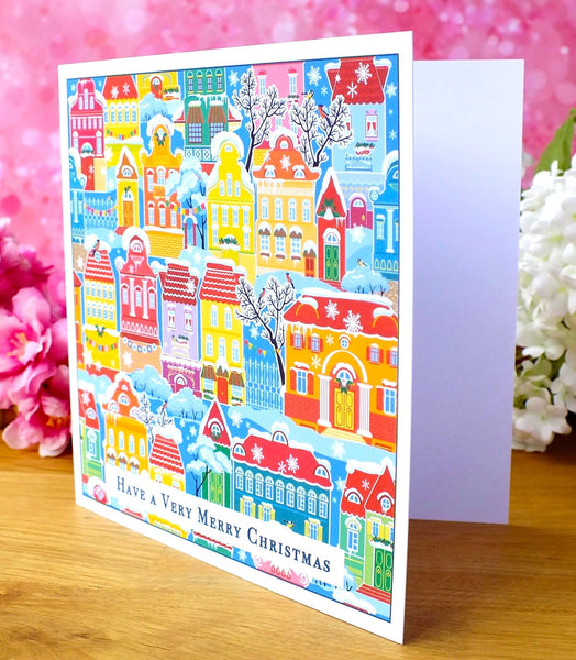 Pack of 4 Colourful Christmas Cards - Snowy Town Houses Alternate