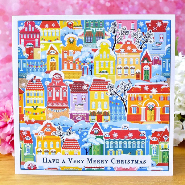 Pack of 4 Colourful Christmas Cards - Snowy Town Houses Main