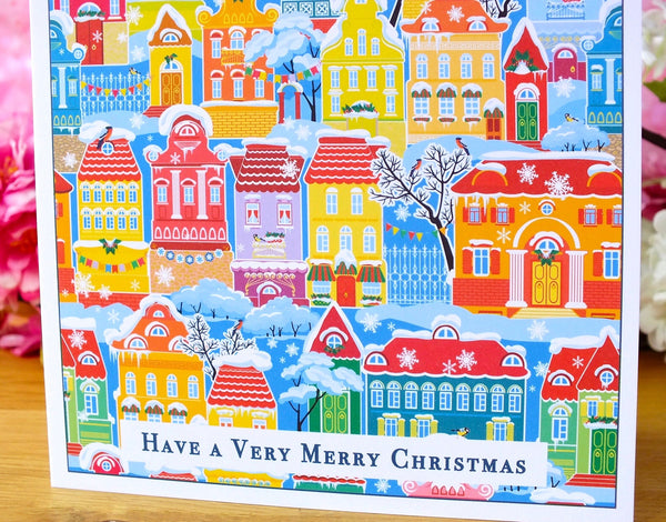 Pack of 4 Colourful Christmas Cards - Snowy Town Houses Close Up