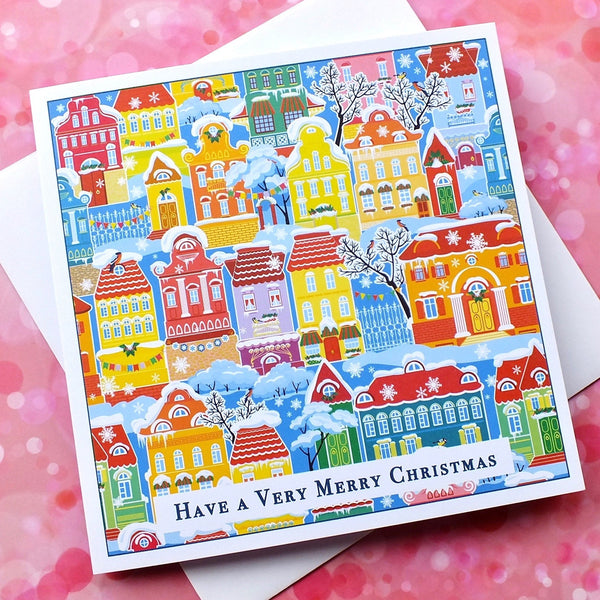 Pack of 4 Colourful Christmas Cards - Snowy Town Houses Front